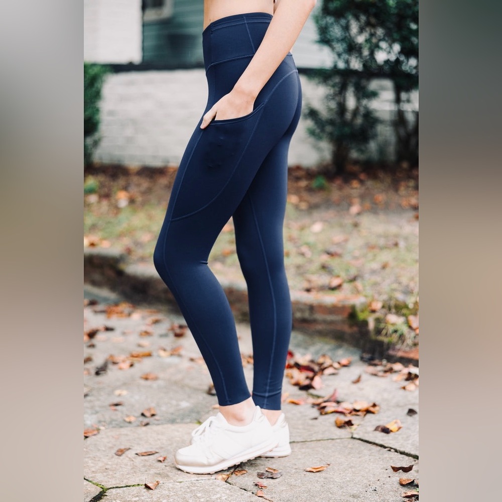 Navy Blue High Rise Yoga Leggings Running Activewear Workout Gym Pockets - Picture 1 of 9